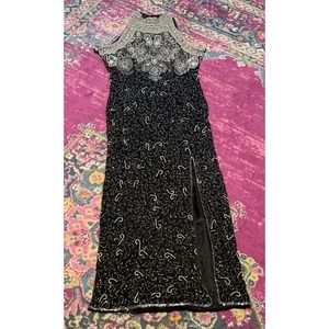 80s Black and White Laurence Kazar Beaded Silk Dress